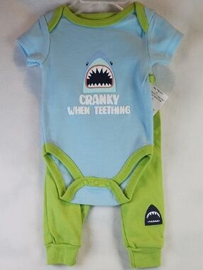 Kidgets Blue & Green 'Cranky When Teething' Shark Two Piece Onsie & Pants Set.